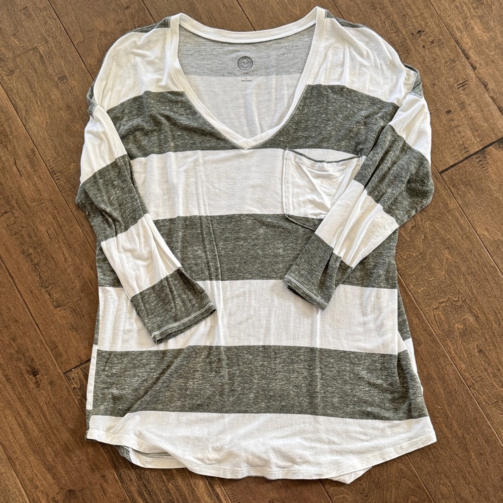 SO Women's Long Sleeve Top - Olive and White Stripes